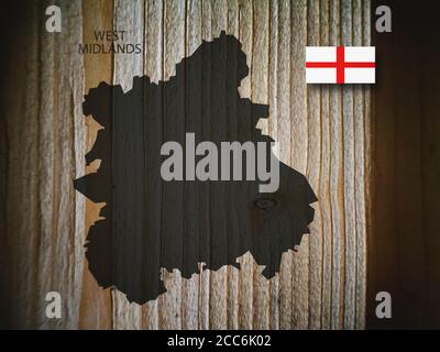 Karte der West Midlands, Region England und der Flagge Englands, auf Holzhintergrund, 3D-Illustration. Stockfoto