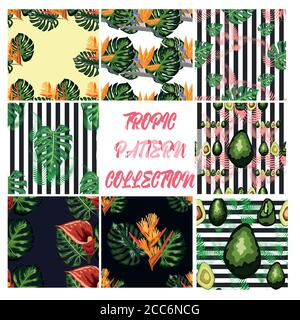 Nahtlose Muster von tropischen Blumen grünen Blätter von Palmen und Blumen Vogel von paradis, Hibiskus, Avocado, Monstera. Stock Vektor