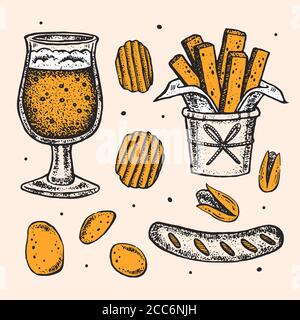 Oktoberfest Clip Art, Set von Elementen. Glas Bier Alkohol, Snacks, Fast Food. Deutsche Wurst, Bratkartoffel, Pommes, Pistazie. Bar, Pub-Menü. Stock Vektor