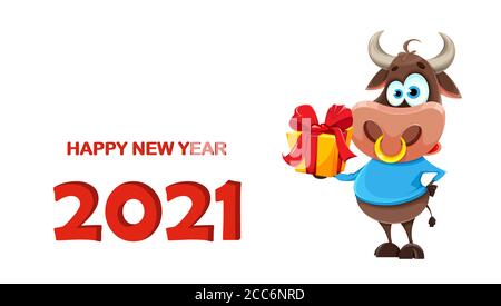 Frohes neues Jahr 2021 Grußkarte. Niedlicher Bulle, das Symbol des chinesischen Neujahrs 2021. Buffalo Cartoon Figur hält Grußkarte. Vektordarstellung Stock Vektor