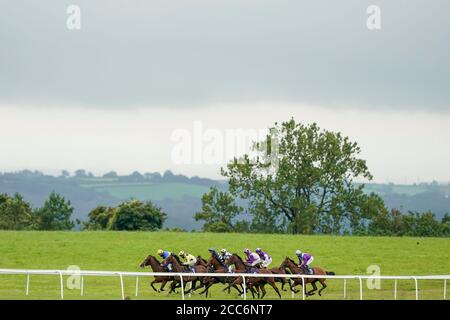 Läufer und Reiter in der Download der At the Races App Handicap auf der Bath Rennbahn. Stockfoto