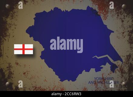 Karte von Yorkshire und Humber, Region England und die Flagge von England, auf einem schmutzigen Metallhintergrund, 3D-Illustration Stockfoto
