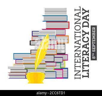 International Literacy Day Poster mit Bücherstapel und Quill Pen. Vektorgrafik. Bildungskonzept. Stock Vektor