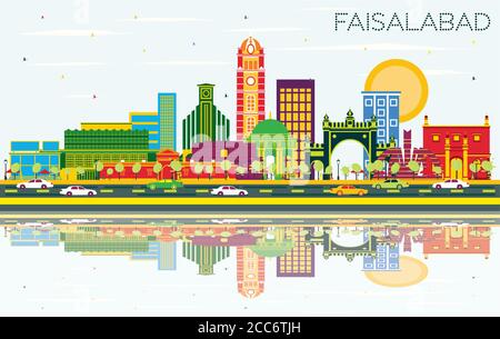 Faisalabad Pakistan City Skyline mit farbigen Gebäuden, blauem Himmel und Reflexionen. Vektorgrafik. Stock Vektor