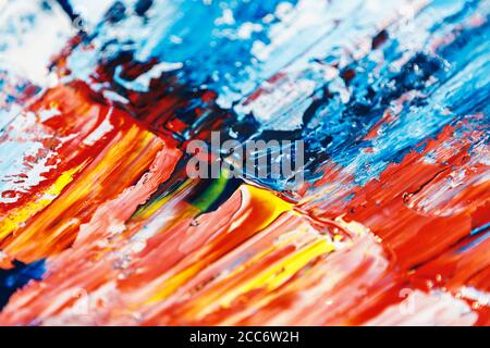 Abstrakter Acrylhintergrund mit blauer, roter und weißer Farbpalette. Stockfoto