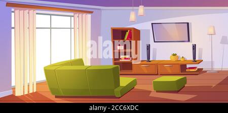 Wohnzimmer mit Ecksofa, großem Fenster, Bücherregalen und tv an der Wand. Vector Cartoon Innenraum der leeren Lounge mit Pouf, Rückansicht der Couch, Fernseher und Bücher auf Regalen Stock Vektor