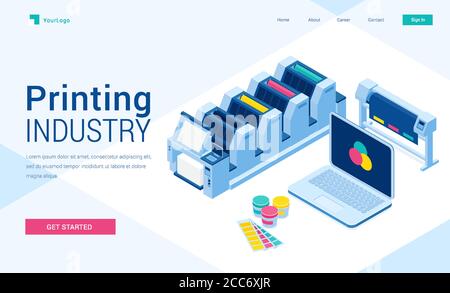 Druckerei Polygrafie Industrie isometrische Landing Page, Offset-oder Laser-Industrie-Drucker, Laptop mit rgb-Farben auf dem Bildschirm, Presse Business-Ausrüstung und Verbrauchsmaterialien in office3d Vektor-Web-Banner Stock Vektor