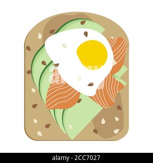 Avocado Toast mit pochiertem Ei und Lachs Vektor-Illustration isoliert. Avocado und geräucherte Loxscheiben auf Brot, veganes Sandwich mit Sesam Stock Vektor