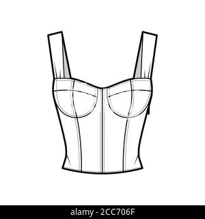 Jewel Cropped geraffte Korsett-Stil gesmokte Top technische Mode Illustration mit gemoldeten Cups, enge Passform, geraffte Rückseite. Flache Bekleidungsvorlage vorne, weiß. Frauen, Männer, Unisex-Shirt CAD mockup Stock Vektor