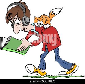 Cartoon-Mann mit seiner Katze auf dem Rücken gehen während Ein Buch lesen und Musik hören Vektor Illustration Stock Vektor