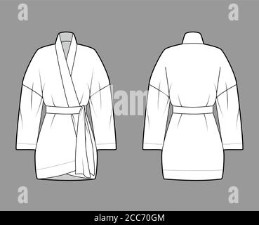 Kimono technische Mode-Illustration mit entspannter Passform, langen weiten Ärmeln, Gürtel um die Taille zu cinch, über-die-Knie-Länge. Flatwear Bluse Vorlage vorne, hinten weiß Farbe. Damen Herren Unisex-Shirt Stock Vektor