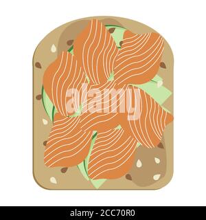 Avocado Toast mit pochiertem Ei und Lachs Vektor-Illustration. Avocado-Scheiben auf geröstetem Brot, veganes Sandwich mit geräuchertem Lox und Sesam Stock Vektor