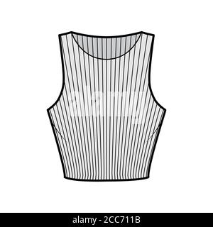 3/4-Tanktop aus geripptem Baumwoll-Jersey mit technischer Fashion-Illustration mit schmaler Passform, Taillenlänge und Rundhalsausschnitt. Flach nach außen Top Bekleidung Vorlage vorne grau Farbe. Damen, Herren Unisex-Shirt stricken CAD mockup Stock Vektor