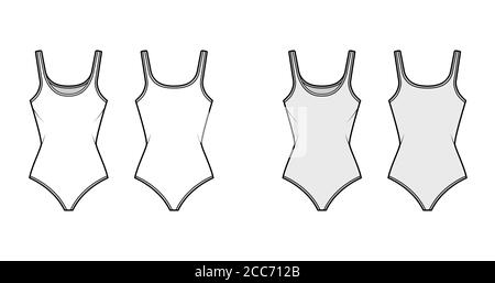 Body aus Baumwoll-Jersey, technische Mode-Illustration mit taillierter Body, ärmellos. Flach außen Cami Bekleidungsschablone vorne, hinten, weiß, grau. Damen Herren Unisex TOP CAD Mockup. Stock Vektor