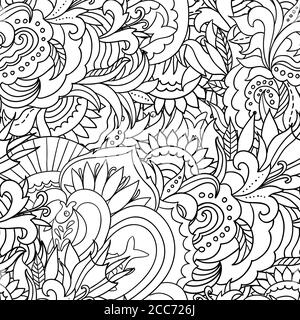 Schwarz-Weiß geradliniges Nahtloses Muster mit Pflanzen- und Blumenelementen für Design und Malbücher. Stock Vektor