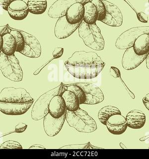 Nahtloses Muster mit Shea-Nüssen und Butter. Stock Vektor