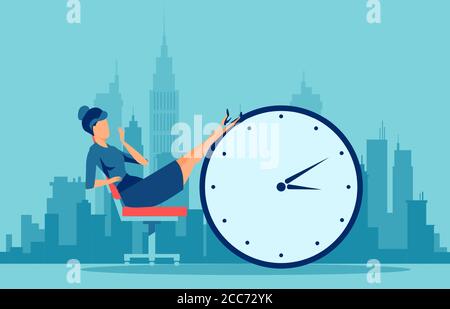 Vektor einer jungen procrastinating Geschäftsfrau sitzt in der Büro mit den Beinen auf einem Wecker Ein Stadtbild Hintergrund Stock Vektor