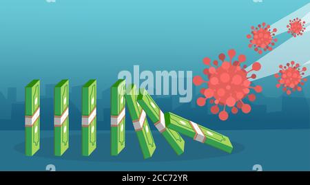 Finanzielle Auswirkungen des Coronavirus auf das Weltwirtschaftskonzept. Vektor des COVID-19 Virus Pathogen, der Dominoeffekt und Finanzkrise verursacht. Stock Vektor