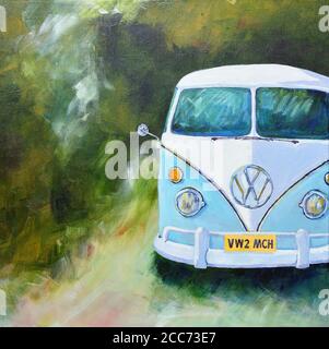 Acrylgemälde von VW Camper Van quadratisches Bild mit grün Hintergrund Stockfoto