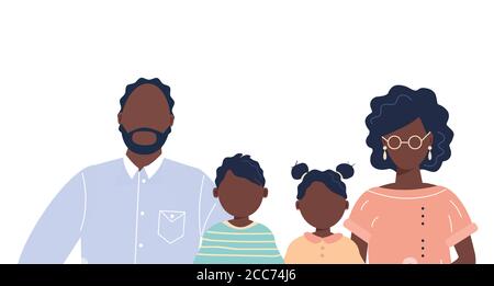 Happy cute Familienportrait von afroamerikanischen Menschen Eltern und Kinder: Vater, Mutter, Sohn und Tochter isoliert auf weißem Hintergrund Stock Vektor