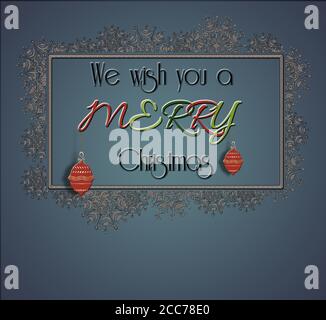 Elegante stilvolle Weihnachtskarte auf blauem Hintergrund mit Text Wir wünschen Ihnen ein frohes Weihnachtsfest in Schneeflocken Rahmen mit roten Kugeln. Minimalistisches Template-Design für Visitenkarten, Banner. 3D-Illustration Stockfoto