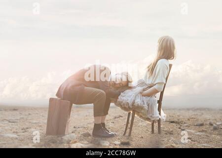 Romantische Szene eines Paares mit Gesten der Zuneigung in Eine surreale Atmosphäre Stockfoto