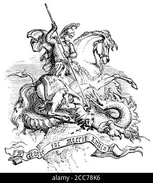 Ein eingraviertes Bild von St. George und dem Drachen aus Ein viktorianisches Buch von 1883, das nicht mehr in ist Copyright Stock Bild Stockfoto