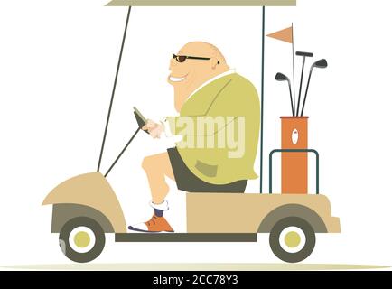 Comic-Golfer Mann in der Golfwagen Illustration. Cartoon lächelnd Fett kahlköpfigen Mann in Sonnenbrille wird Golf spielen in der Golfwagen isoliert auf w Stock Vektor