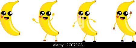 Süße kawaii Stil Banana Frucht Ikone, große Augen, lächelnd mit offenem Mund. Version mit erhobenen, abwärts und winkenden Händen. Stock Vektor