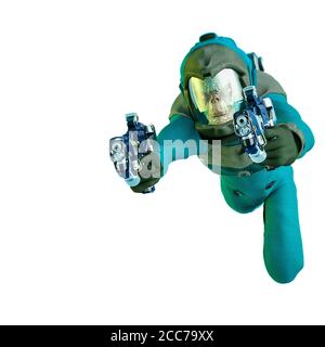 reptoid Astronaut in Aktion in weißem Hintergrund, 3d-Illustration Stockfoto