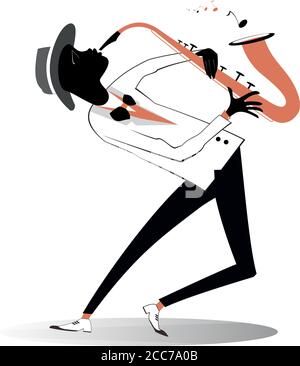 Afro-amerikanische Saxophonistin Illustration. Afro-amerikanischer Saxophonist spielt Musik mit großer Inspiration isoliert auf weiß Stock Vektor