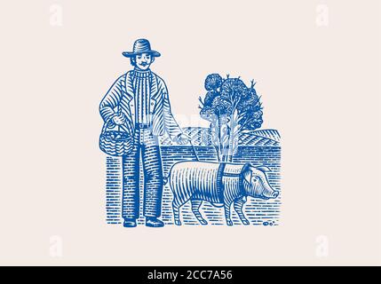 Schwein und Landwirt für die Suche nach Trüffelpilzen. Hausschwein . Handgezeichnete Vintage-Skizze mit Gravur. Holzschnitt. Vektorgrafik. Stock Vektor