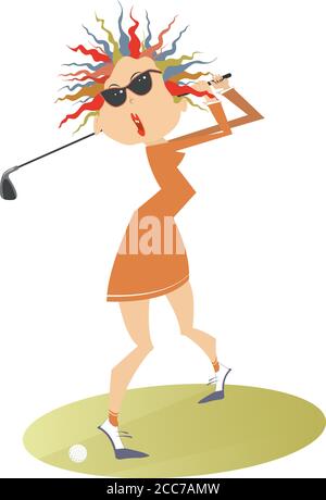 Junge Golferin Frau auf dem Golfplatz Illustration. Cartoon Golfer Frau in Sonnenbrille mit dem Ziel, einen guten Kick isoliert auf weiß zu tun Stock Vektor