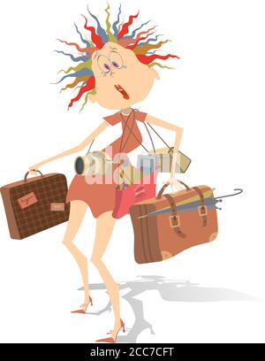 Junge Frau hält eine Menge Taschen, Kamera und Regenschirm Illustration Lustige junge Frau mit einem großen Gepäck wird auf eine Geschäftsreise oder eine Reise gehen Stock Vektor