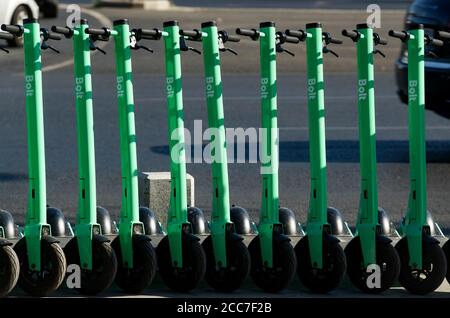 Bukarest, Rumänien - 10. August 2020: Bolt Elektroroller sind auf einem Bürgersteig in Bukarest geparkt. Dieses Bild ist nur für redaktionelle Zwecke bestimmt. Stockfoto