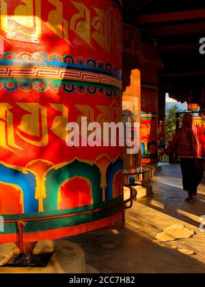 Eine ältere Frau dreht ein großes Gebetsrad am Kyichu Lhakhang Tempel in Paro Valley, Bhutan Stockfoto