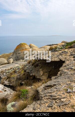 Zwiebelschicht Erosion von Grante entlang der Küste bei Trousers Point, Flinders Island, Furneaux Group, Tasmanien Stockfoto