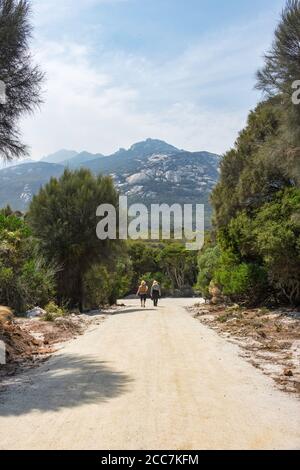 Zwei Frauen mittleren Alters gehen auf der Zufahrtsstraße in Trousers Point, Flinders Island, Furneaux Group, Tasmanien Stockfoto