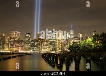 11. September Gedenkstätte und Tribute Lichter in New York City. Stockfoto