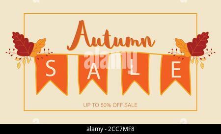 Herbst Verkauf Hintergrund Layout dekorieren mit Blättern für den Verkauf einkaufen. Banner für Herbst Verkauf aus Blättern.Herbst Verkauf Flyer Vorlage mit Schriftzug. Br Stock Vektor