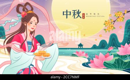Mid Autumn Festival Banner mit schönen Chang e hält Mondkuchen in der Nähe des Lotusteich, chinesische Übersetzung: Feiertagsname und glückliches Festival Stock Vektor