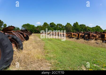 Alte Geräte und Maschinen und tote Traktoren Reihen sich auf dem Feld. Stockfoto