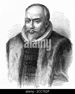 Stich von Jacobus Arminius (1560 – 1609), holländischer Theologe aus der protestantischen Reformation, dessen Ansichten zur Grundlage des Arminianismus und der niederländischen Remonstrantenbewegung wurden. Er war ab 1603 Professor für Theologie an der Universität Leiden und schrieb viele Bücher und Abhandlungen über Theologie, Illustration aus der "Geschichte des Protestantismus" von James Aitken Wylie (1808-1890), Pub. 1878 Stockfoto