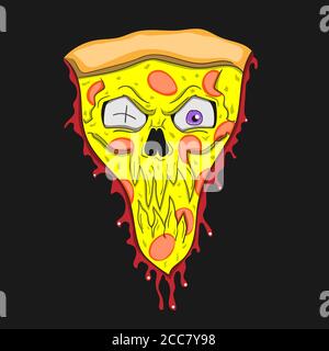 Pizza ist ein Zombie-Zeichentrickfigur auf einem schwarzen isolierten Hintergrund. Vektorbild Stock Vektor