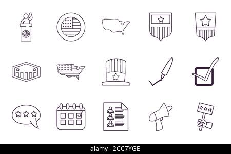 Linie Stil Satz von Symbolen Design, USA Wahlen Abstimmung und Präsidenten Tag Thema Vektor Illustration Stock Vektor