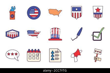 Linie und füllen Stil Satz von Symbolen Design, USA Wahlen Abstimmung und Präsidenten Tag Thema Vektor-Illustration Stock Vektor