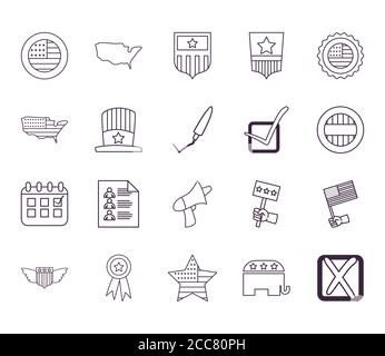 Linienstil Symbole Bundle Design, USA Wahlen Abstimmung und Präsidenten Tag Thema Vektor Illustration Stock Vektor