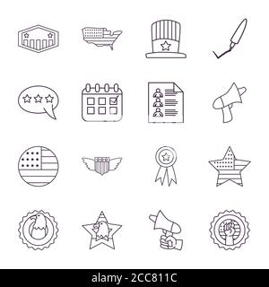 Linie Stil Icons Kollektion Design, USA Wahlen Abstimmung und Präsidenten Tag Thema Vektor Illustration Stock Vektor