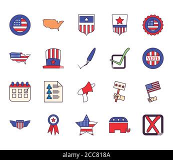 Linie und füllen Stil Symbole Bundle Design, USA Wahlen Abstimmung und Präsidenten Tag Thema Vektor Illustration Stock Vektor