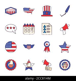 Linie und füllen Stil Icons Kollektion Design, USA Wahlen Abstimmung und Präsidenten Tag Thema Vektor Illustration Stock Vektor